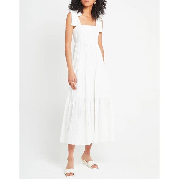NWT o.p.t White Cotton Eylet Tie Strap Artemis Tiered Midi Dress Medium - Picture 1 of 12